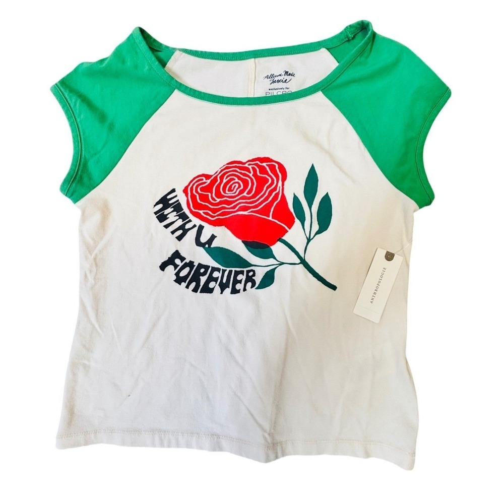 Pilcro Anthropologie Allison Marie Garcia‎ Rose Graphic Top Green Red Small NEW